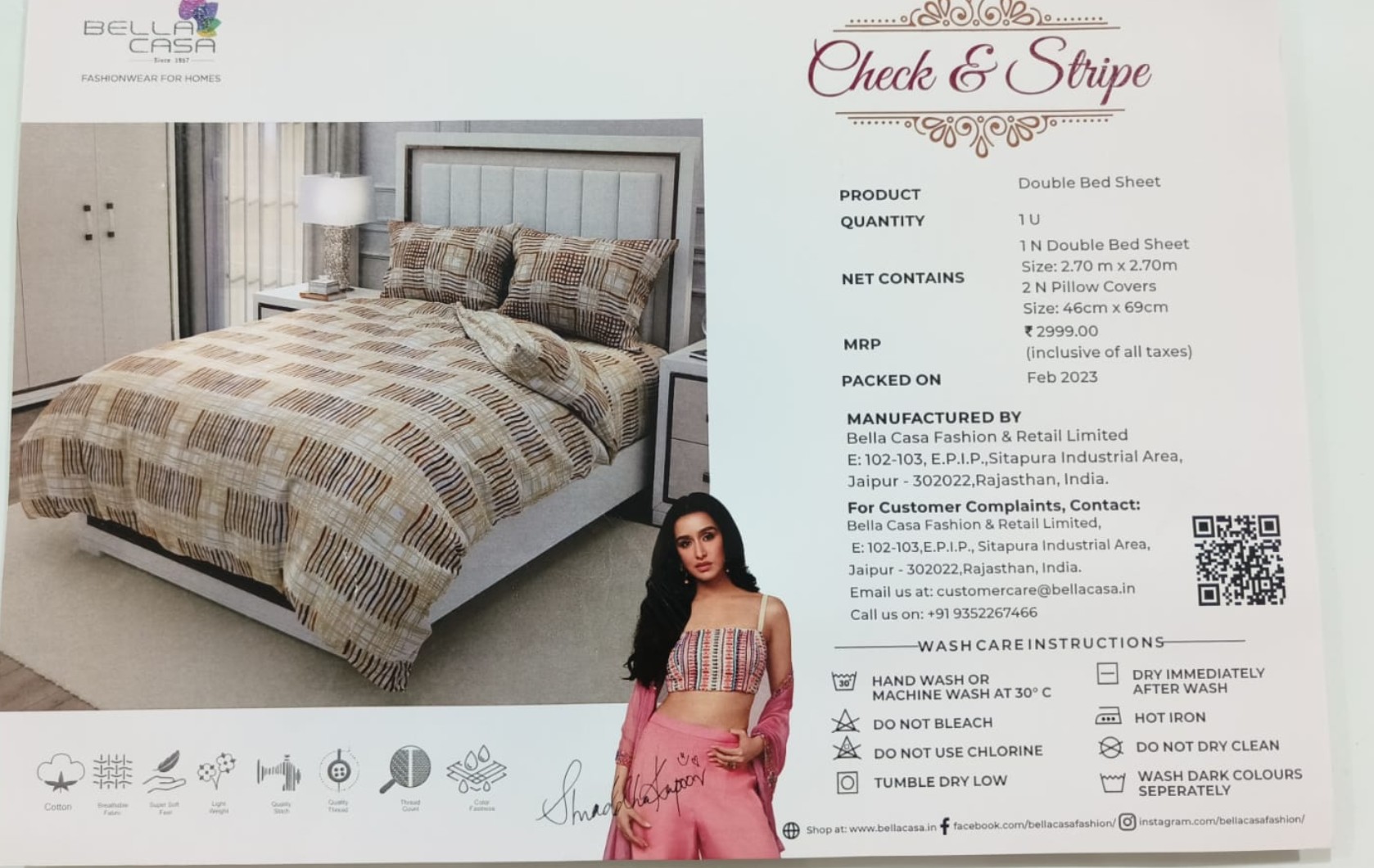 Bella Casa Check & Stripe Double Bed Sheet - Image 2