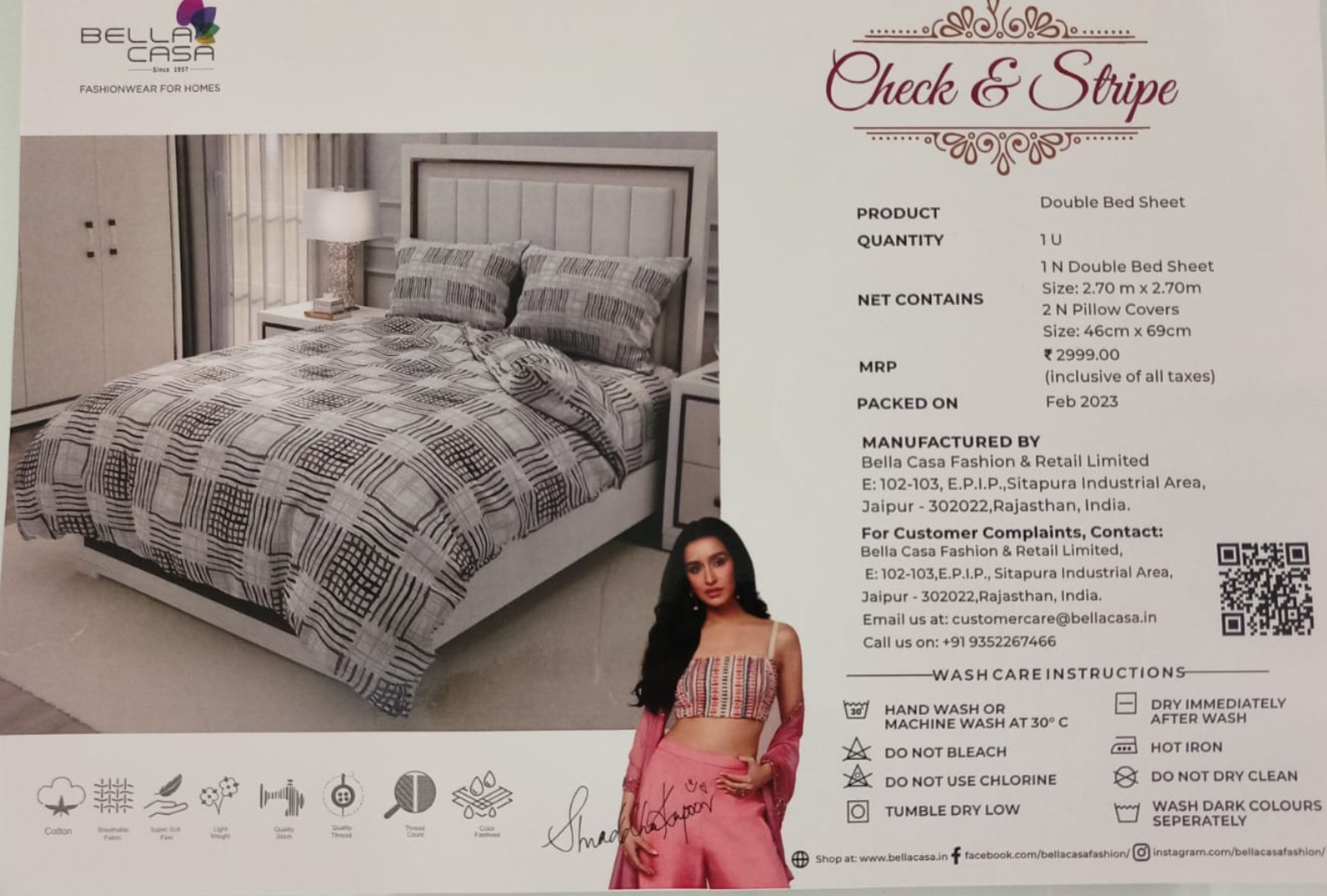 Bella Casa Check & Stripe Double Bed Sheet - Image 2