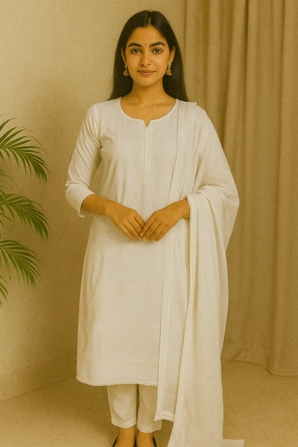 White Embroidered Cotton Suit