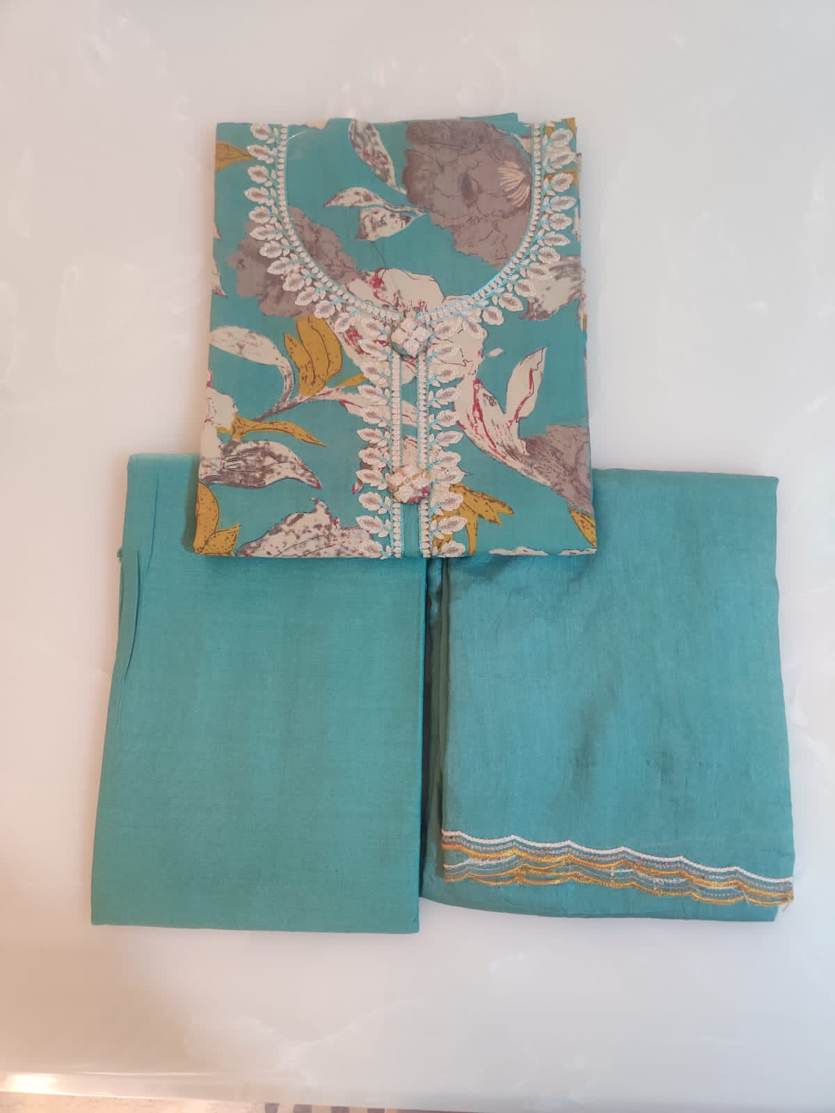 Turquoise Floral Embroidered Cotton Suit - Image 2