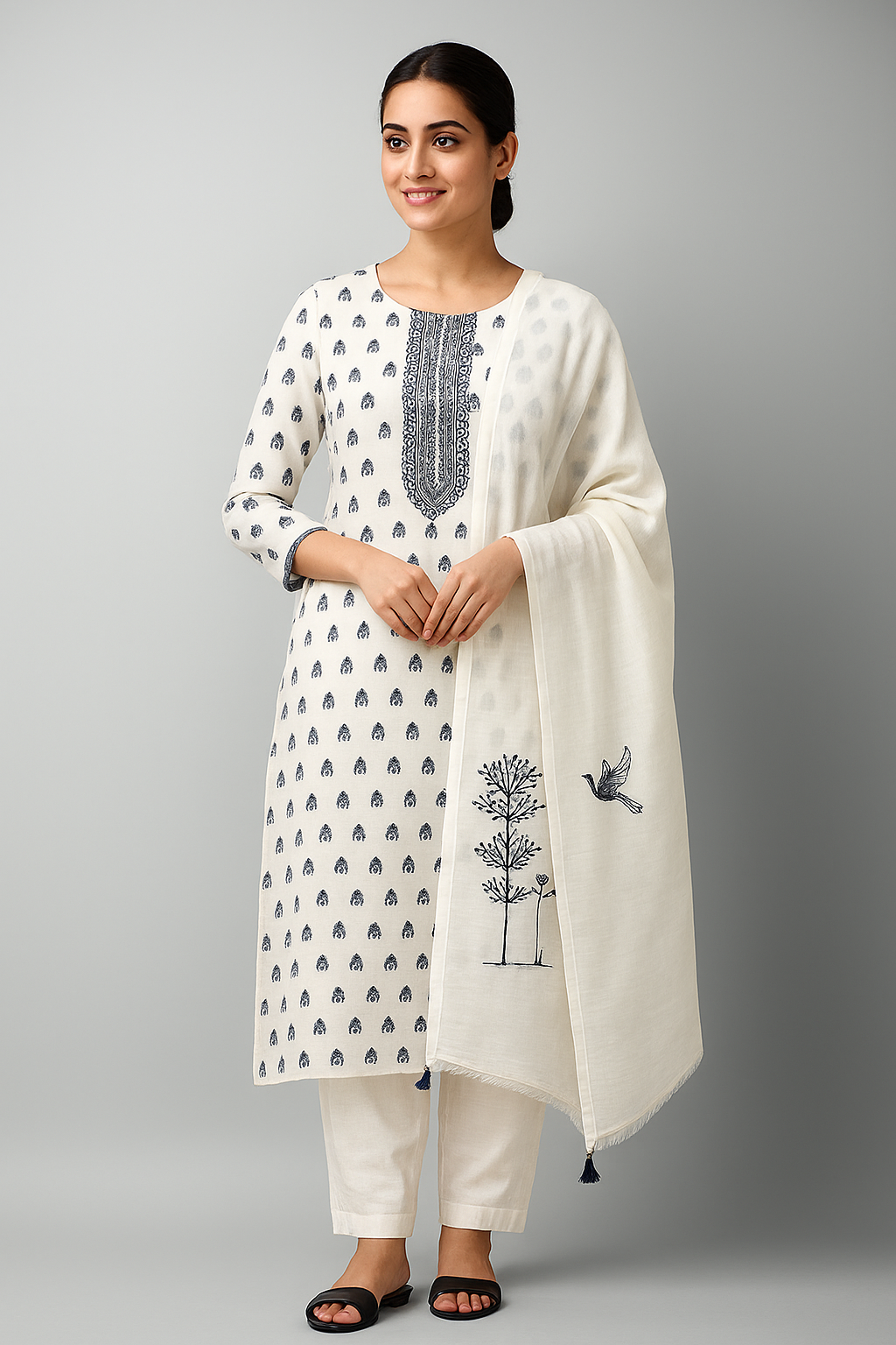 White Shimmer Booti Embroidered Suit