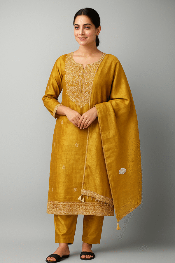 Mustard Crush Silk Embroidered Suit 