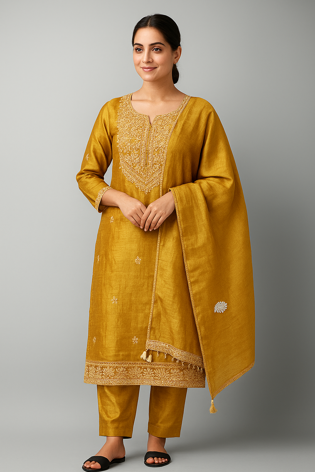 Mustard Crush Silk Embroidered Suit