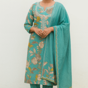 Turquoise Floral Embroidered Cotton Suit