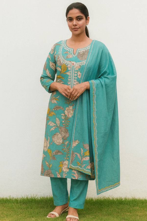 Turquoise Floral Embroidered Cotton Suit